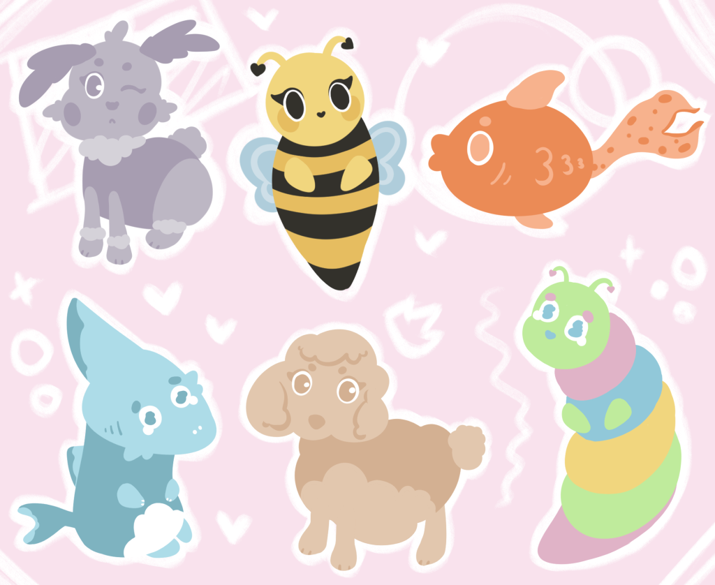 Six animals are painted in a colourful, cartoony style. A bunny, bee, goldfish, shark, dog and caterpillar.