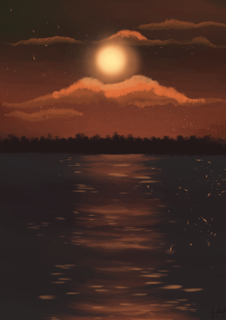 A view from a sunset is digitally painted, featuring the coast with a forest, clouds, water and sunlight reflecting off the water